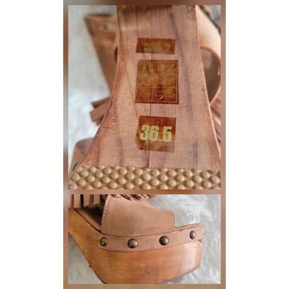 Five Worlds by Cordani Tijuana Tan Fringe Platform Sandals Wooden Heels EU 36.5 - Picture 9 of 10